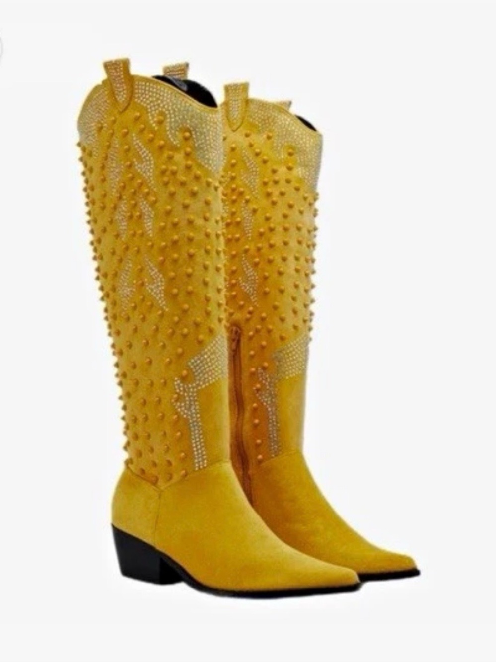 Nasty Gal. Yellow Studded Western Knee-High Boots - Women's Fashion